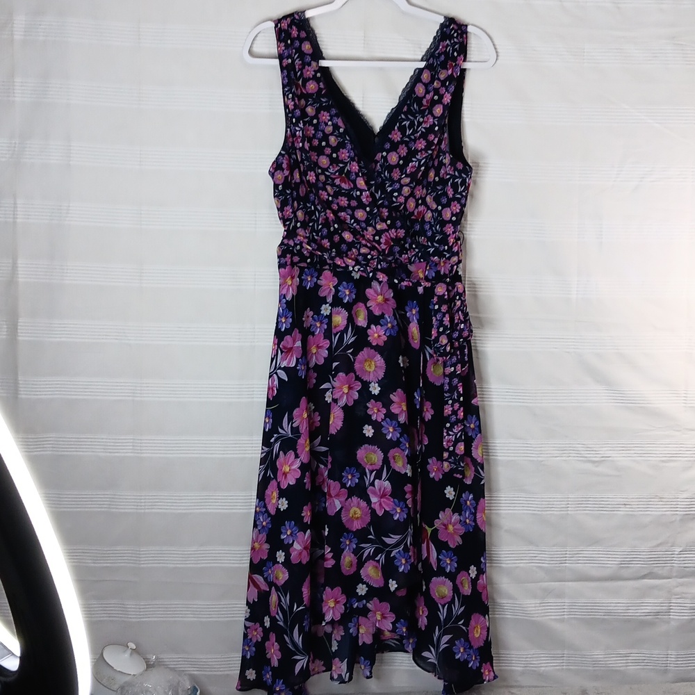 Dkny Navy Floral Sleeveless Asymmetrical Midi Dress - Picture 8 of 15